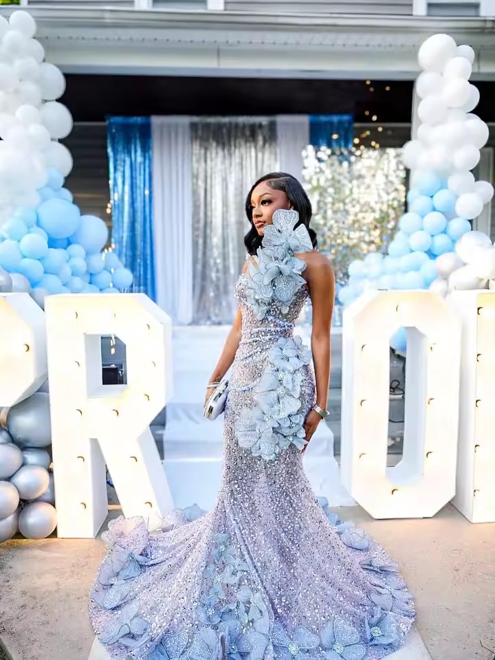 Luxurious Beading Mermaid Prom Dresses African Hand Flowerswith 3D Floral Glitter Crystals Formal Evening Occasion Gowns