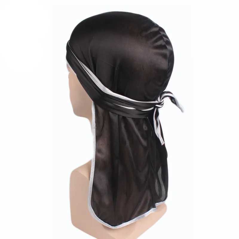 New Men Solid Headwear Headband Pirate Silky Durag do rag Long Tail Headwrap Satin Breathable Bandana Hat Turban Wig Accessories M250623