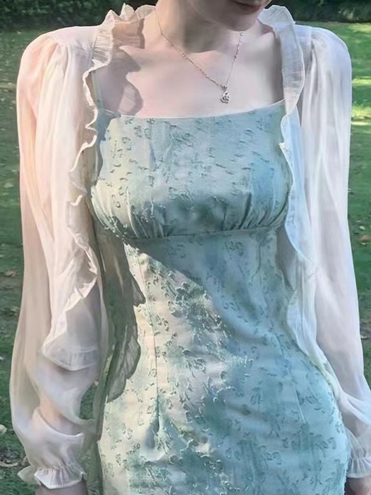 1112 White ice silk knitted sunscreen cardigan women's thin shawl summer with suspenders skirt outer cover tulle top