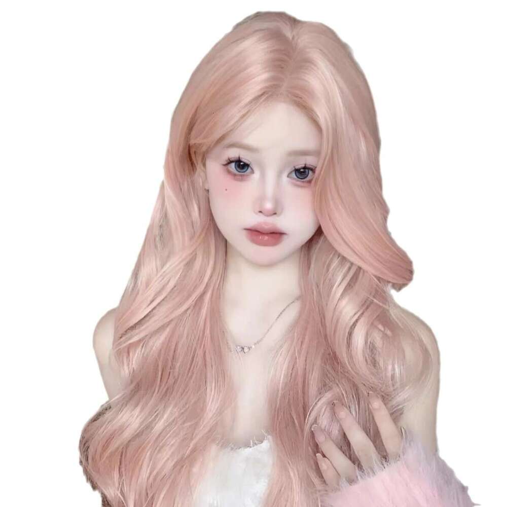Rose Pink Hair For Women, Middle Part, Bangs, Big Waves, Long Curly Hair, Internet Celebrity Lolita Full Wig