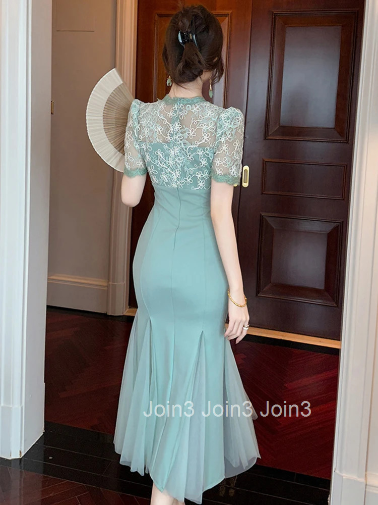 Women Clothes Sweet Lace Floral Short Sleeve Slim Midi Fishtail Dress Fashion Party Prom Vestidos Formal Occasion Casual Summer