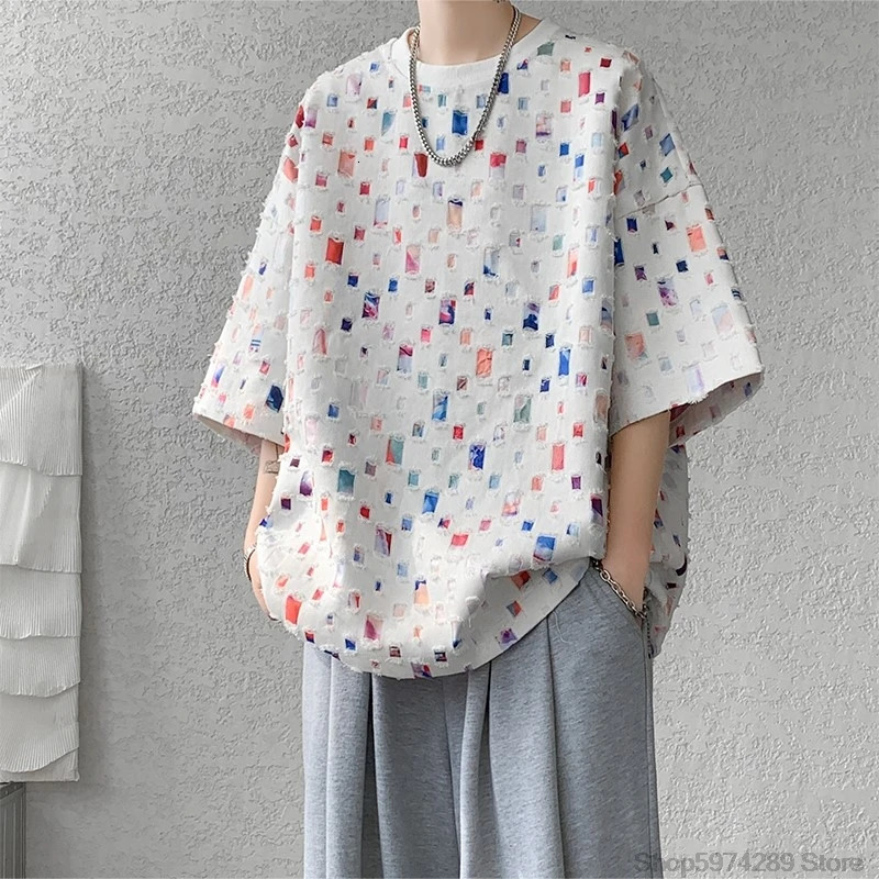 Summer Short Sleeved T-shirt Men Fashion Hollow Out Oversized Plaid T Shirt Men Streetwear Hip Hop Loose Casual T-shirt Male 5XL 250616
