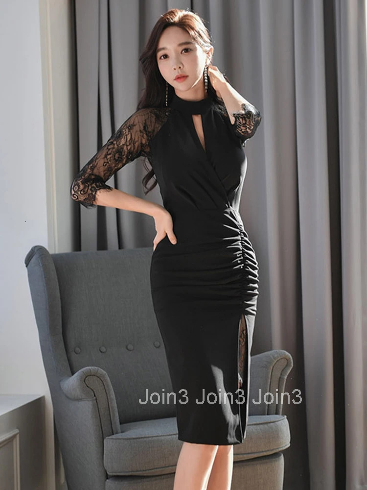 Summer Elegant Bodycon Evening Dress For Women Chic Sexy Hollow Lace Sheer Stand Neck Slim Midi Party Club Black Mujer Vestidos