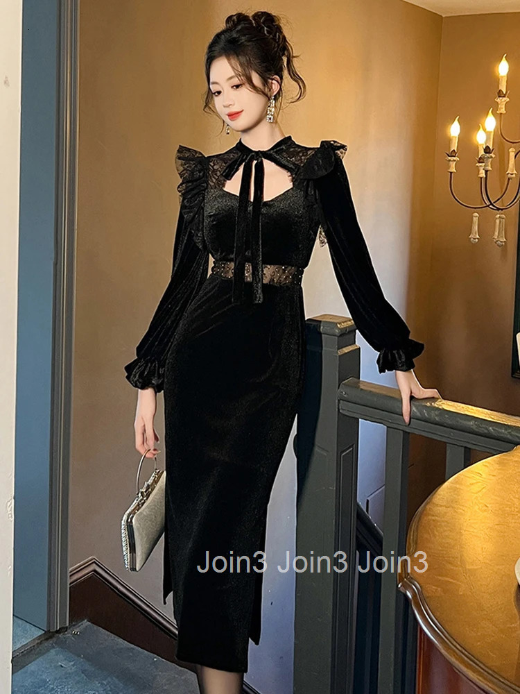 New Fashion Ladies Black Velvet Stretchy Dresses Women Mujer Chic Elegant Sweet Sexy Hollow Skinny Party Prom Dress Robe Vestido
