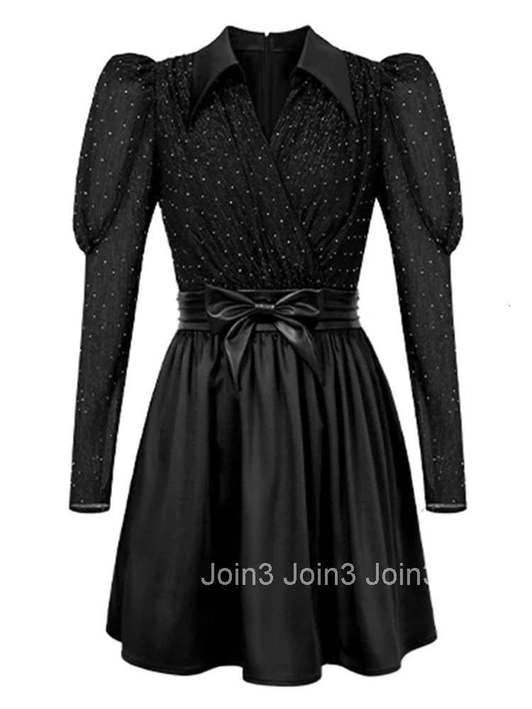 Autumn Casual Black Fake 2 Pieces Shirt A-Line Short Dress Women Clothes Elegant Sweet Bow Sexy Lapel Puff Sleeve Slim Vestidos