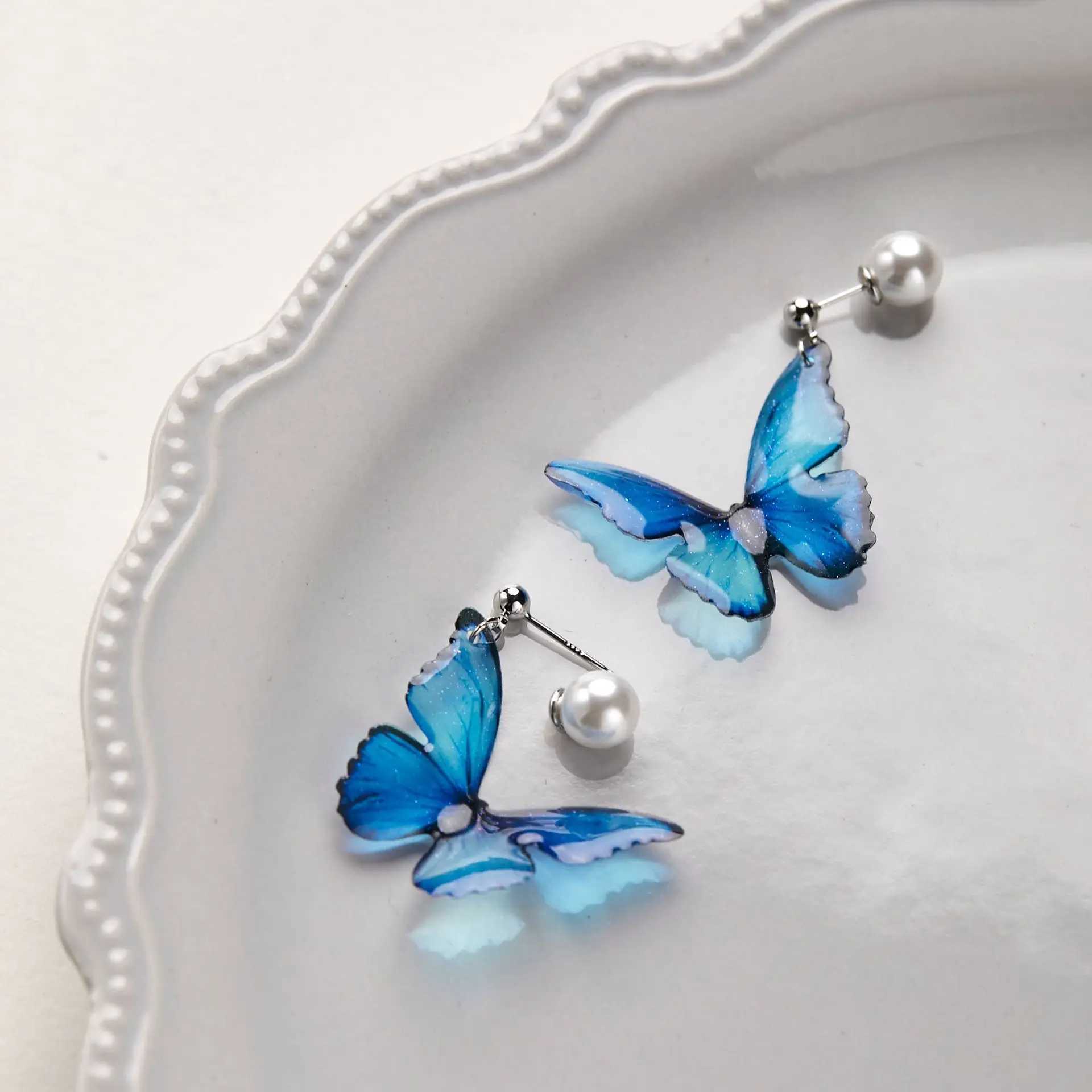 Dreamy Clear Blue Butterfly Drop Pearl Stud Earrings Fairy Romantic Earrings Jewelry Gifts For Women and Girls XJ250623