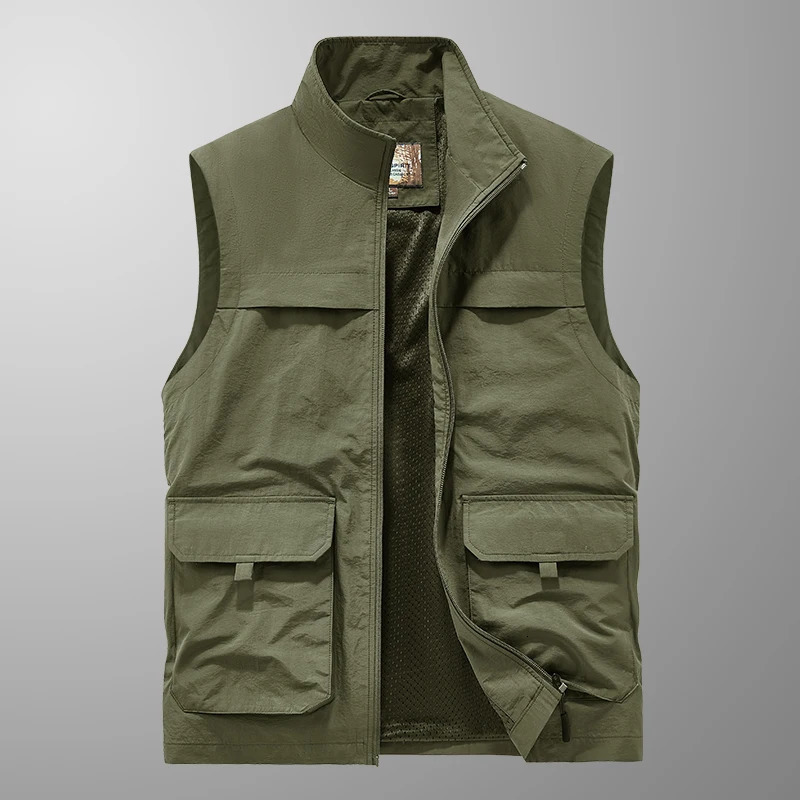 Mens Outdoor Multi-Pocket Open Cardigan Collared Vest Pure Color Simple Sleeveless Shoulder Pad Fishing Vest Top Sport Vest 250617