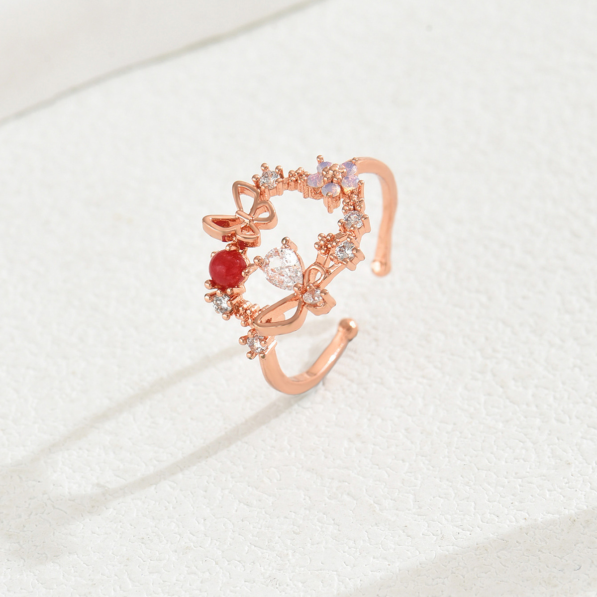 Minimalist Fresh Sweet Women's Simple Band With Bowknot, Unique Zircon Inlaid Design Open Ring