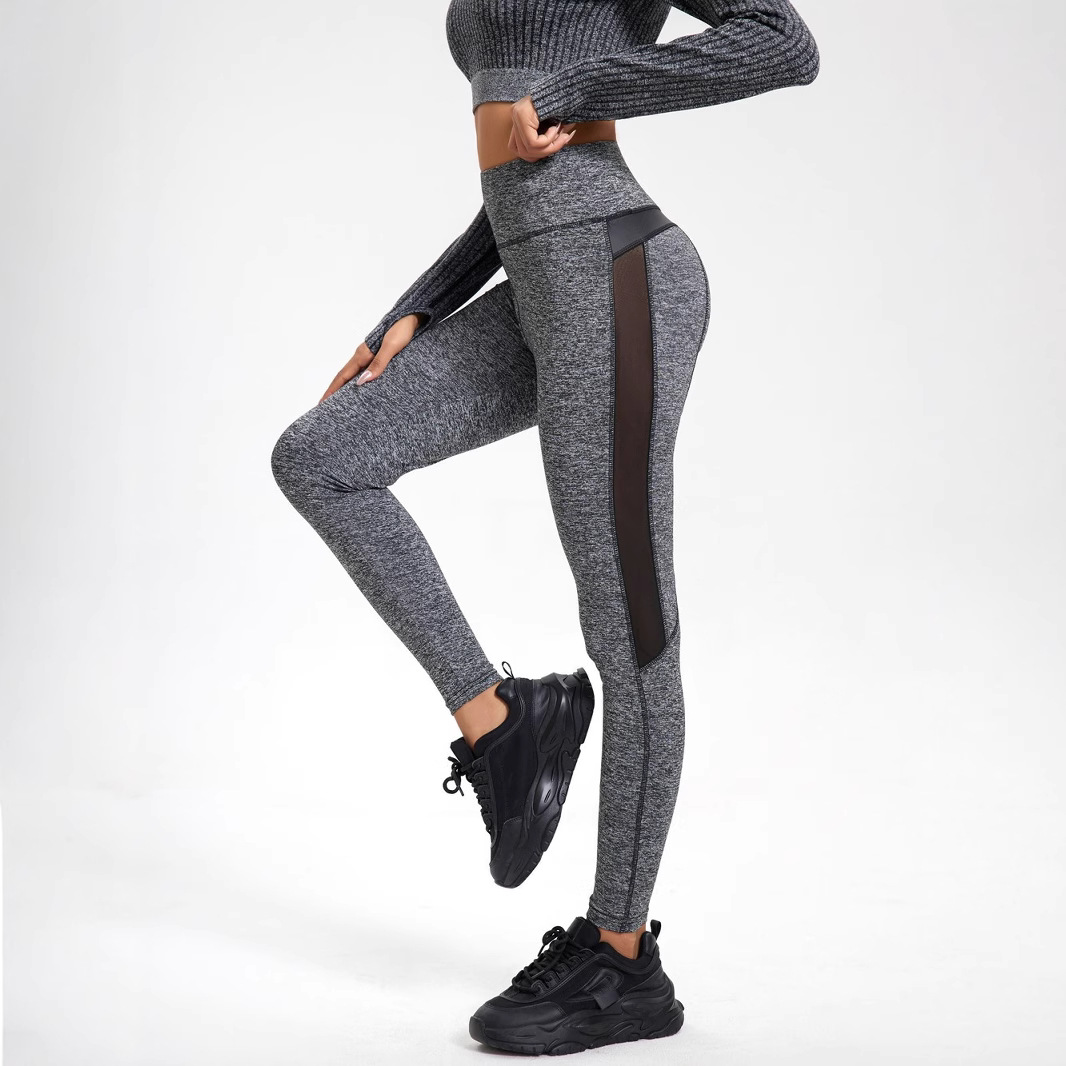 Mesh splicing leather sexy breathable sweat-absorbing yoga pants sports fitness casual leggings