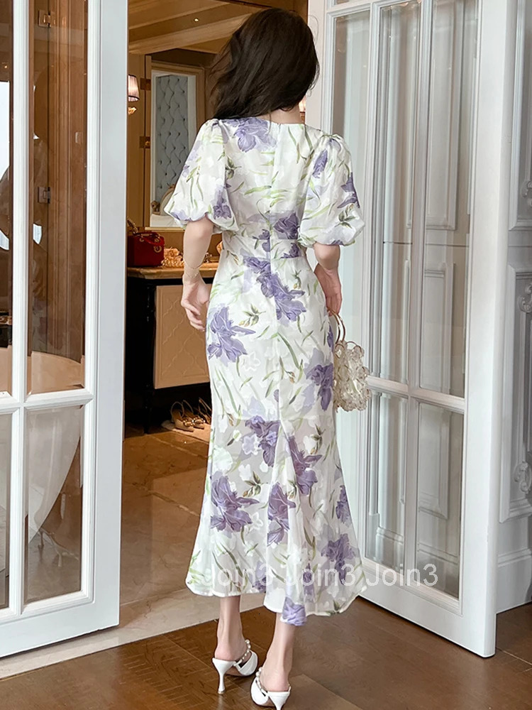 Summer Elegant Office Women Evening Dress Sweet Floral Print O-Neck Slim Midi Fishtail Party Prom Beach Robe Femme Mujer Vestido