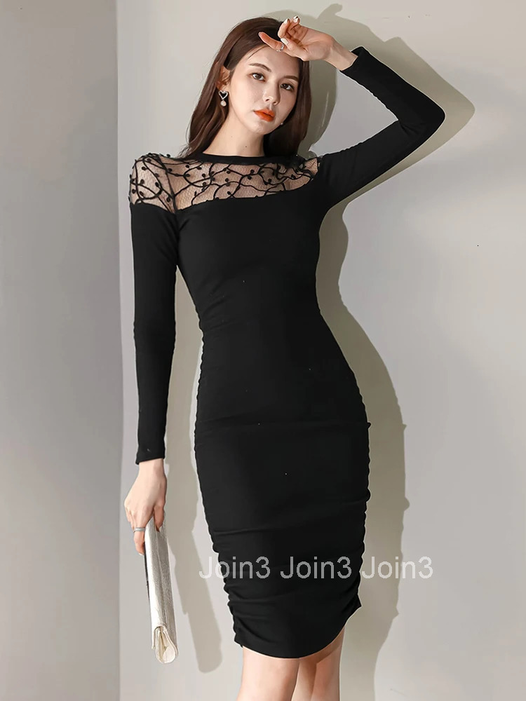 Spring Autumn Elegant Women Evening Dress Temperament Mesh Sheer Sexy O-Neck Slim Midi Party Street Clothes Femme Mujer Vestidos