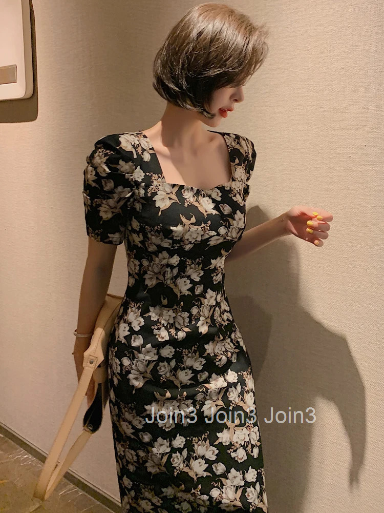 New Arrival Fashion Party Dress Women Elegant Summer Vintage Puff Sleeve Print Beach Temperament Office Lady Slim Pencil Dress