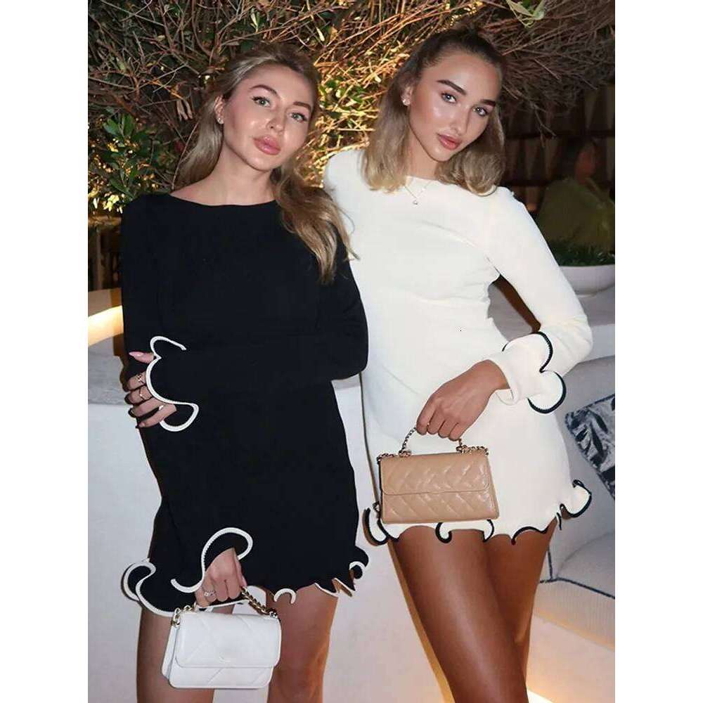 2025 Elegant Yellow Slim Fit Mini Dress Women High Waist Full Sleeve Ruffle Hem Pleated Vestido Female Holiday Summer Party Wear