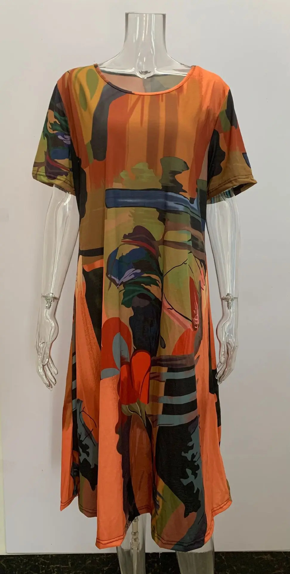 Plus size European and American crossborder summer dress casual short sleeve round neck print loose 250613