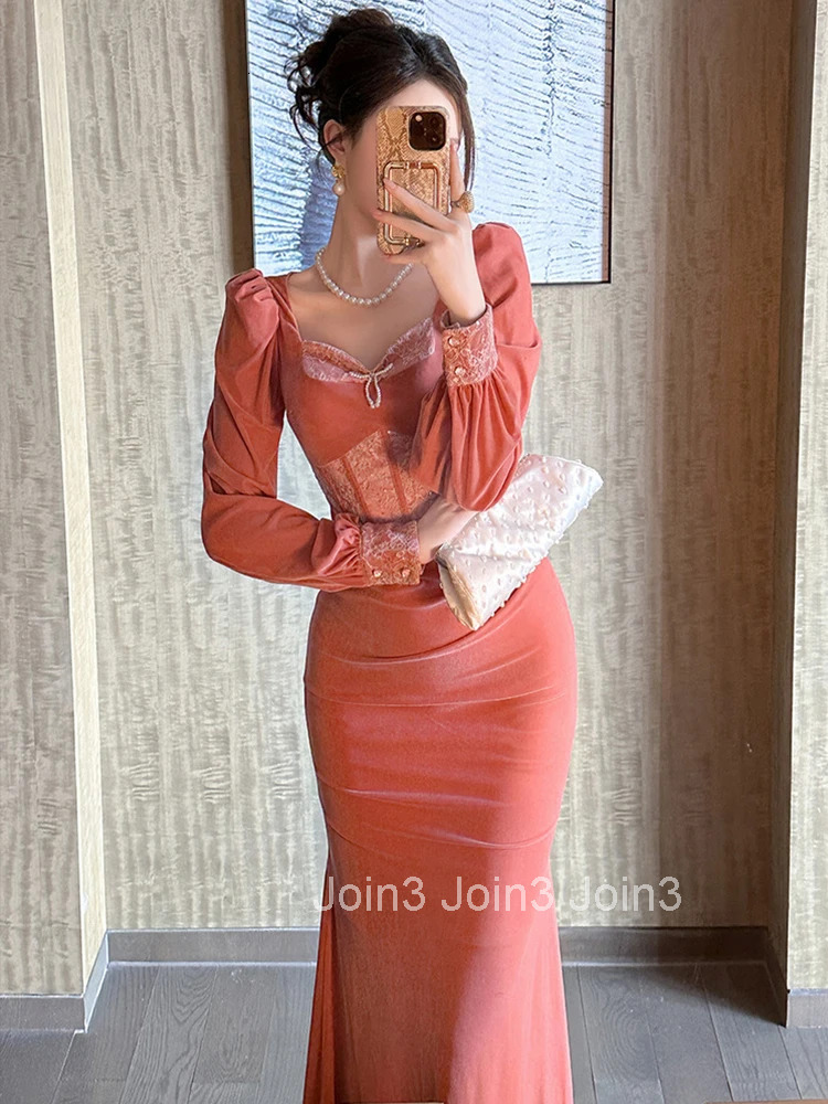 Women Clothes Sweet Velvet Lace Square Neck Slim Midi Fishtail Dress Elegant Party Prom Vestidos Robe Autumn Winter Casual New
