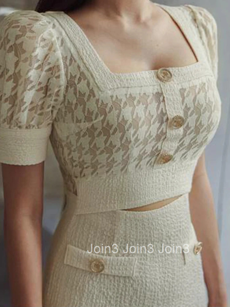 Fashion Summer Evening Dress For Women Chic Retro White Houndstooth Sexy Square Collar Slim Midi Party Mujer Vestidos Robe Femme