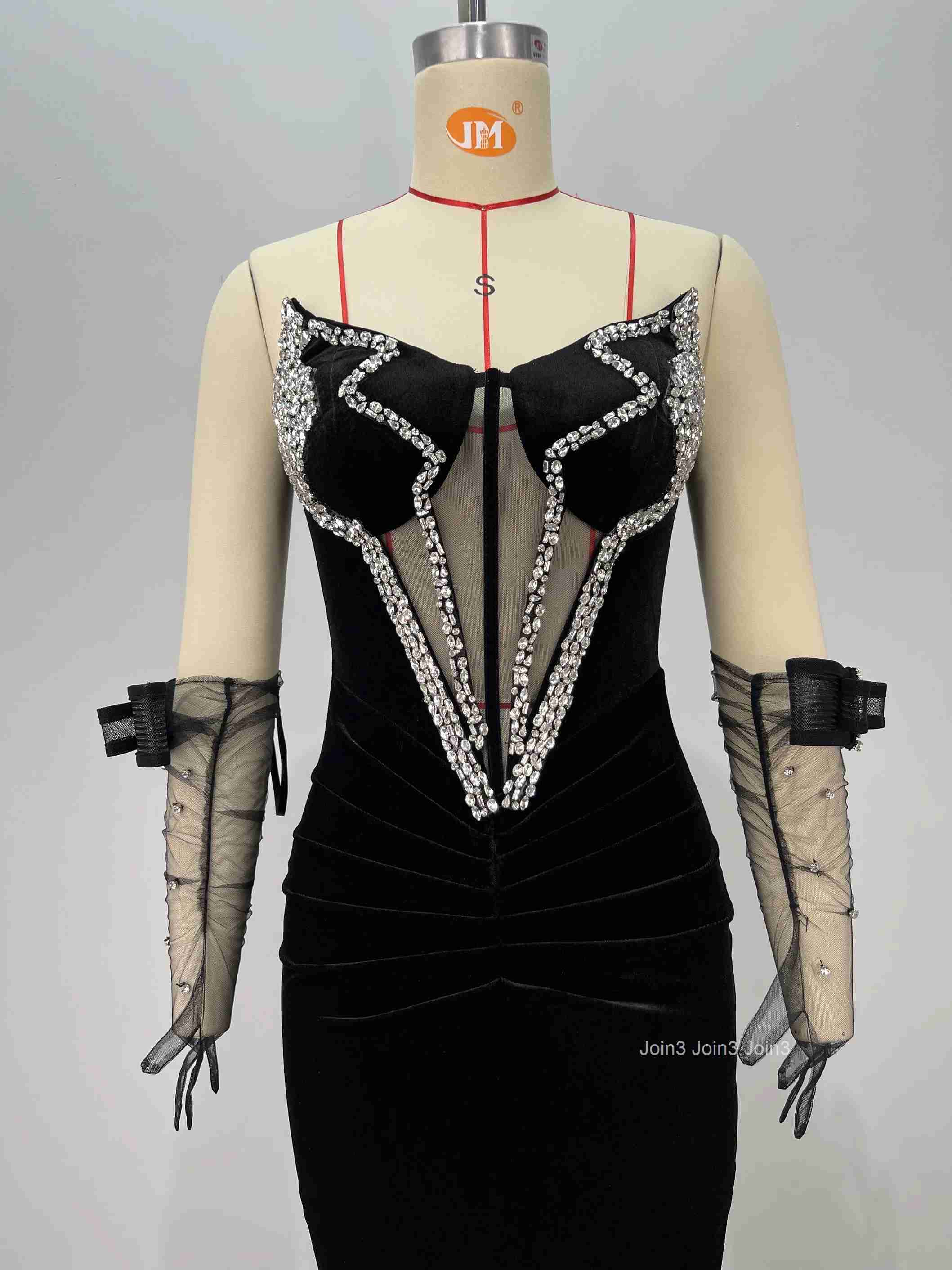 Womens Black Bandage Crystal Embellished Dress with Sheer Mesh Sexy High Slit Evening Gown Velvet Strapless Party Dress