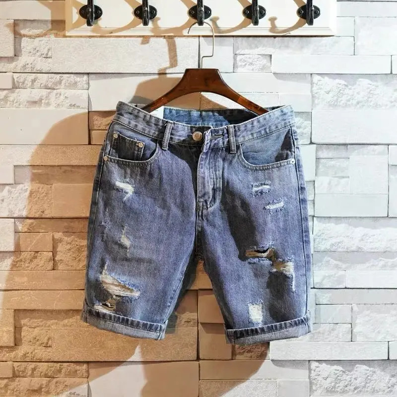 Short Jeans Pants for Men Blue Slim Ripped Mens Denim Shorts Original Streetwear Summer Stretch Korean Fashion Distressed Retro 250617