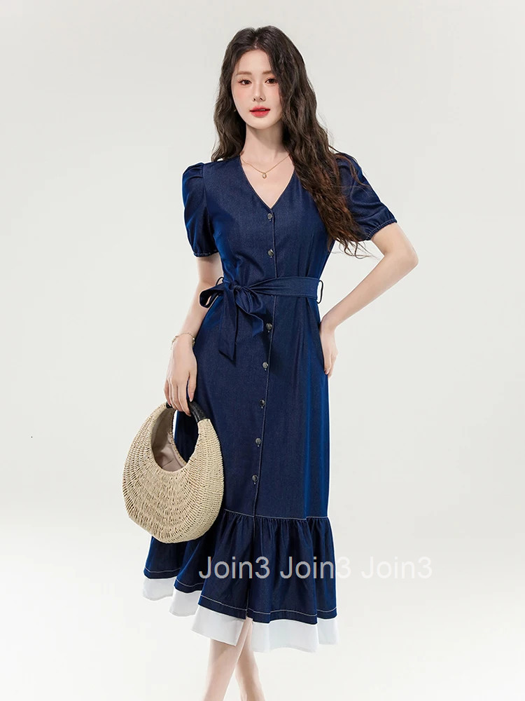 Women Street Clothes Denim Vintage V-Neck Single Breasted Belt A-Line Long Dress Elegant Fashion Vestidos Robe Casual Summer New