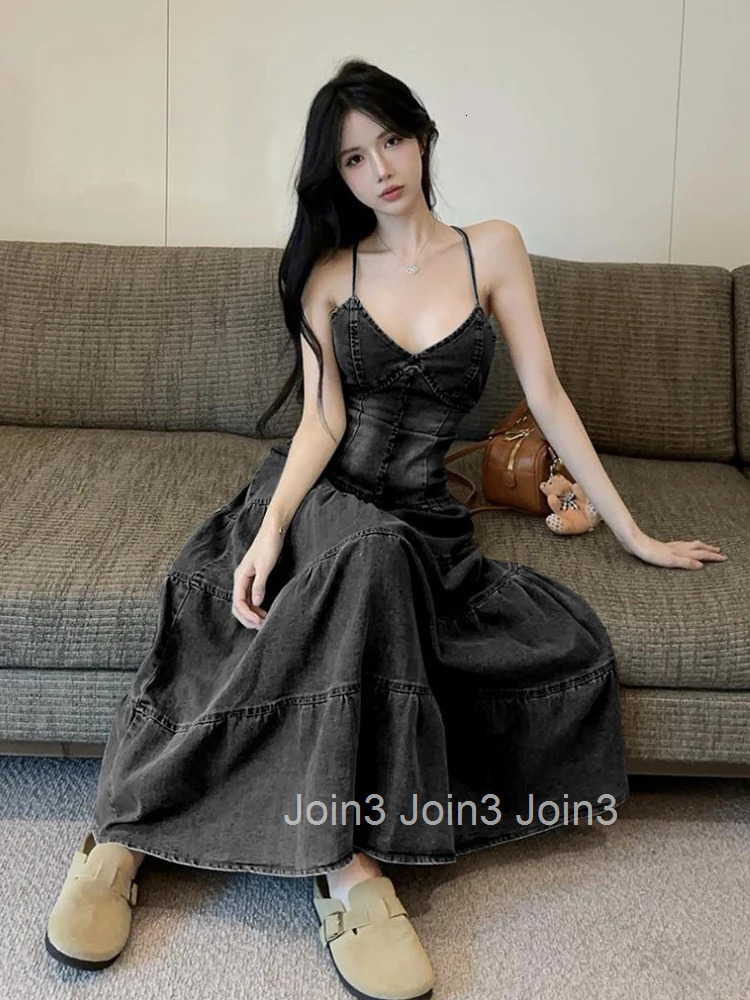 Women Clothes Y2K Denim Sexy Strap Backless Slim Maxi Long A-Line Dress Elegant Fashion Party Prom Vestido Robe Beach Casual New