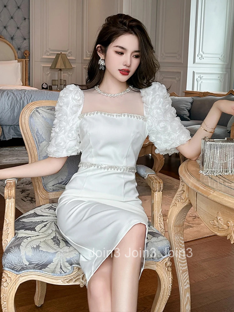 New Summer Satin Women Evening Dress Chic White Mesh Sheer O-Neck Slim Midi Pencil Party Prom Birthday Robe Femme Mujer Vestidos