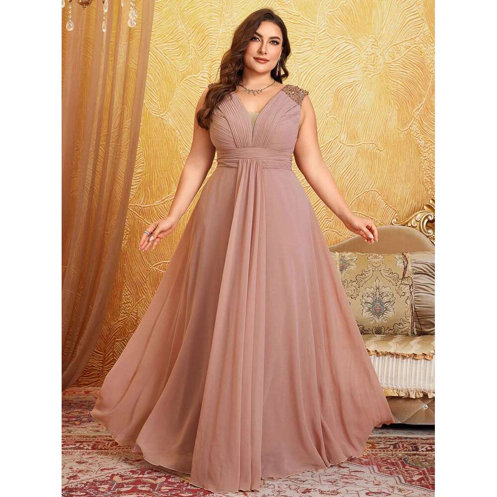 Unithorse Plus Size V-Neck Sleeveless Bust Ruched Sequin Patchwork Chiffon Dress