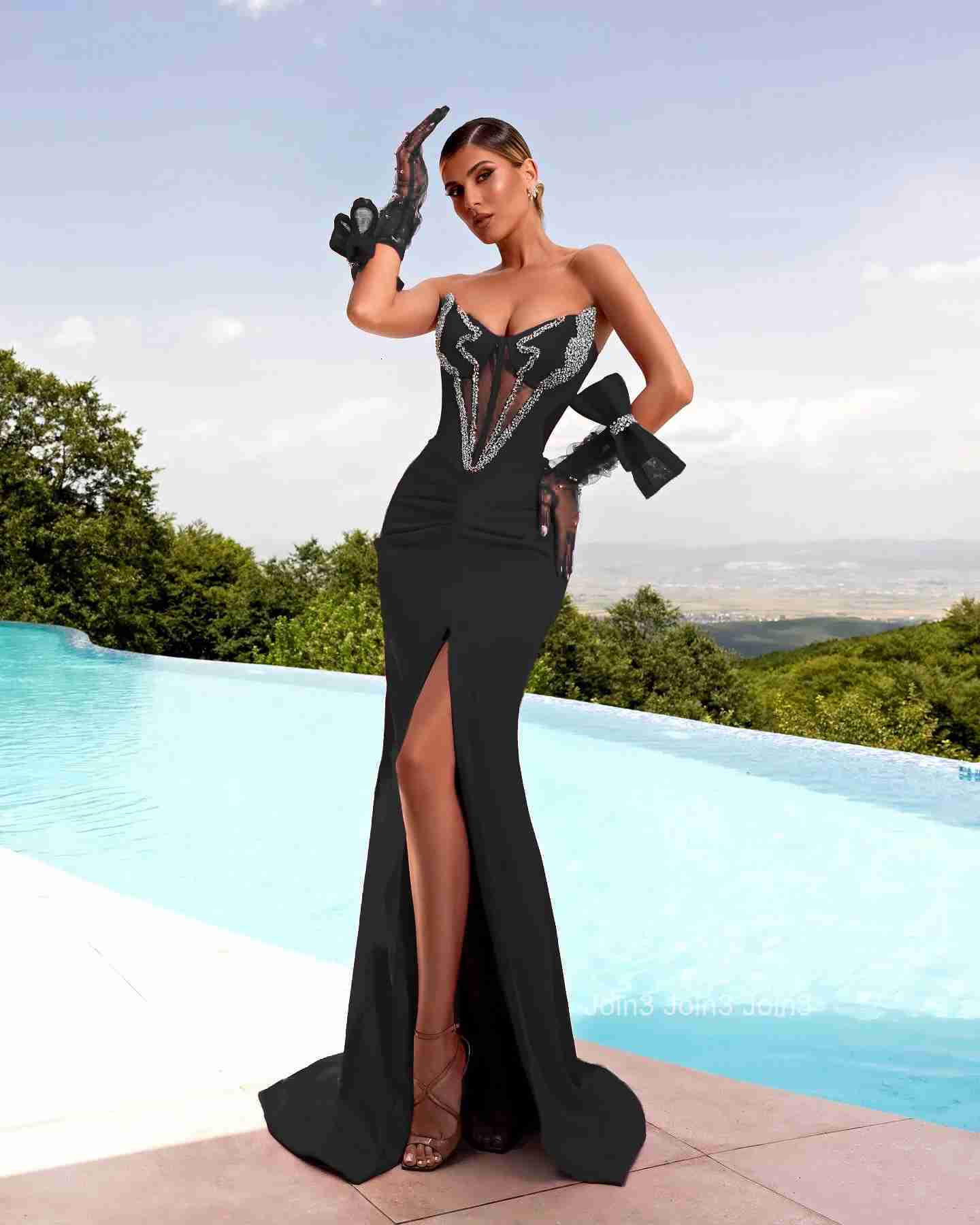 Womens Black Bandage Crystal Embellished Dress with Sheer Mesh Sexy High Slit Evening Gown Velvet Strapless Party Dress