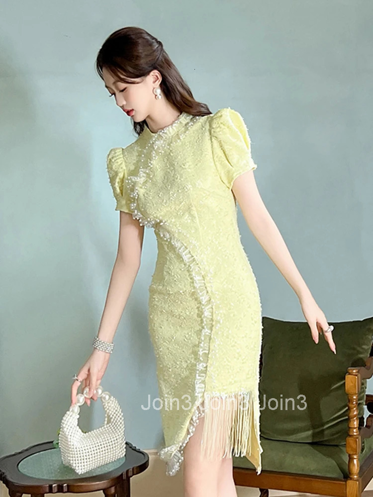 Chinese Style Vintage Yellow Asymmetrical Evening Dress Women Clothing Elegant Sweet Puff Sleeve Slim Party Prom Vestidos Fiesta