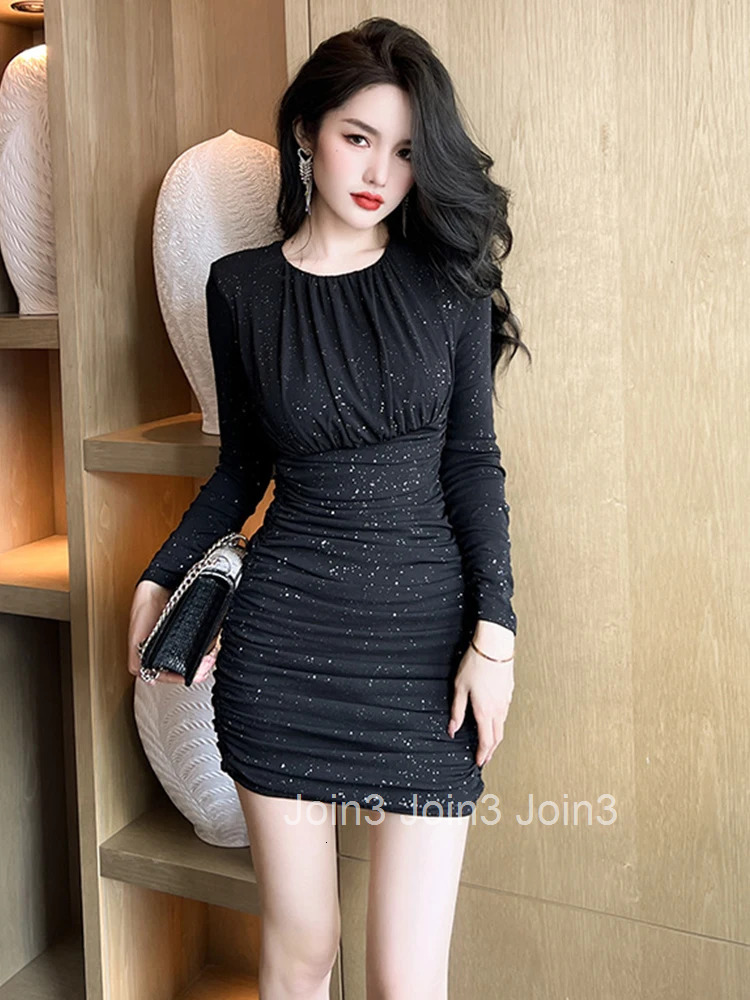 New Spring Autumn Fashion Women Evening Dress Chic Sparkly Sexy O-Neck Folds Bodycon Mini Party Club Prom Stretchy Mujer Vestido