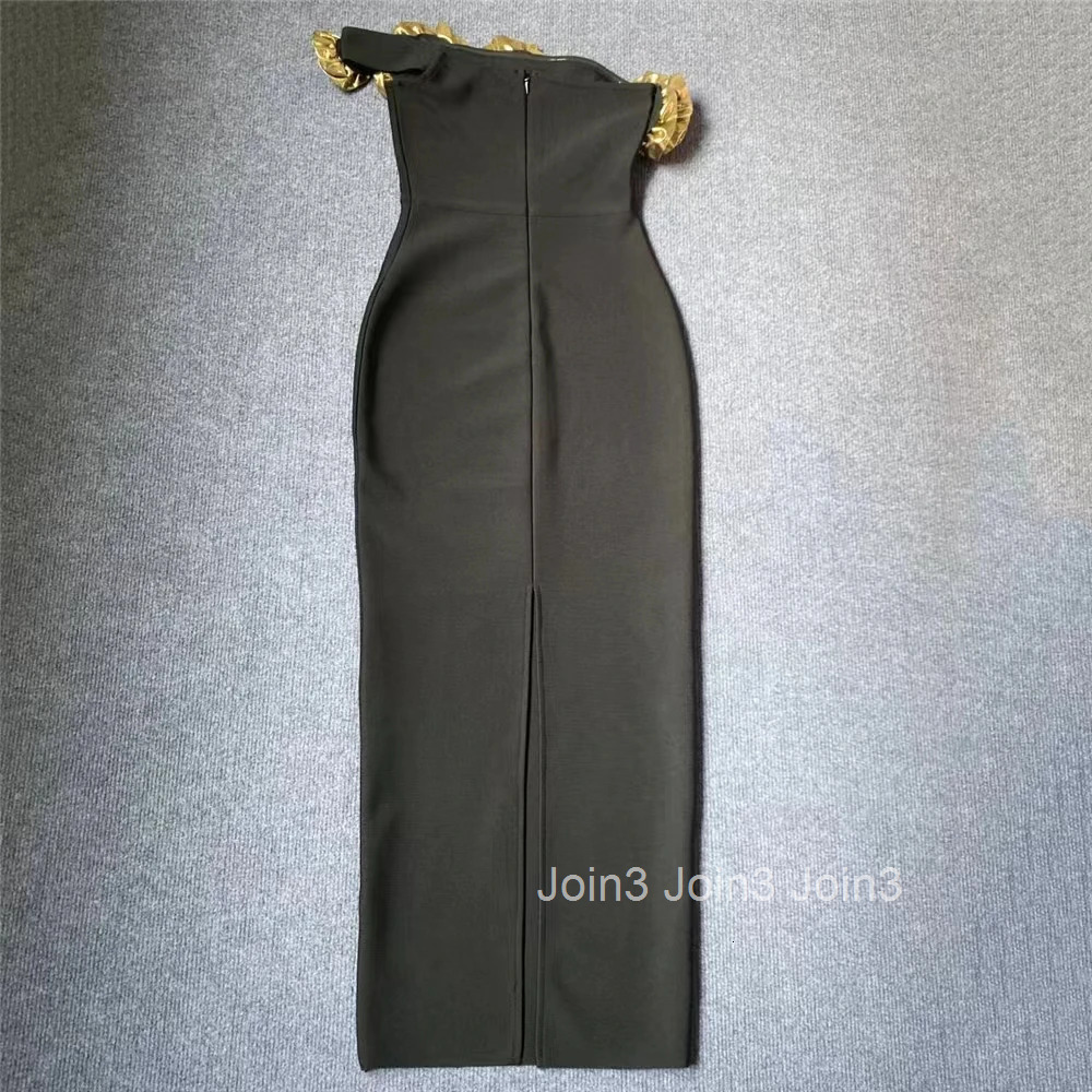 Summer Chic Black Bandage Dress For Women Elegant Evening Dinner Party Gown Fashion Golden Flower Single Shoulder Long Vestidos