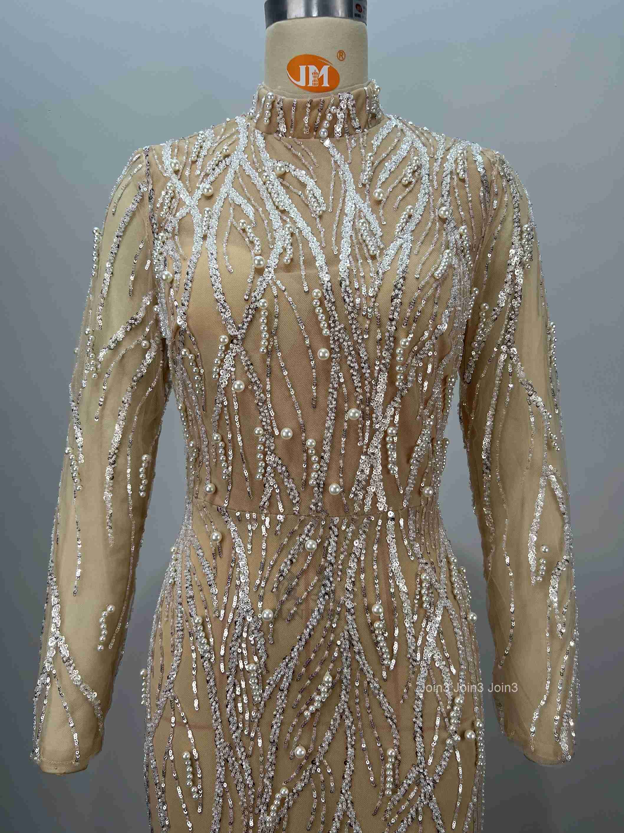 Womens Apricot Bandage Long Sleeve High Neck Gown Sheer Lace Applique with Crystal Sequin Beads for Formal Evening Red Carpe