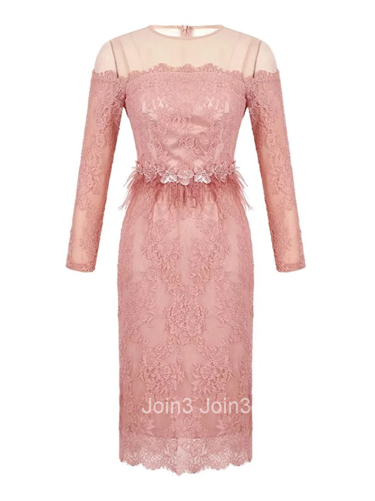 Fashion Pink Lace Long Evening Dress Women Ladies Clothing Chic Sweet Sexy O-Neck Slim Midi Party Prom Robe Femme Mujer Vestidos