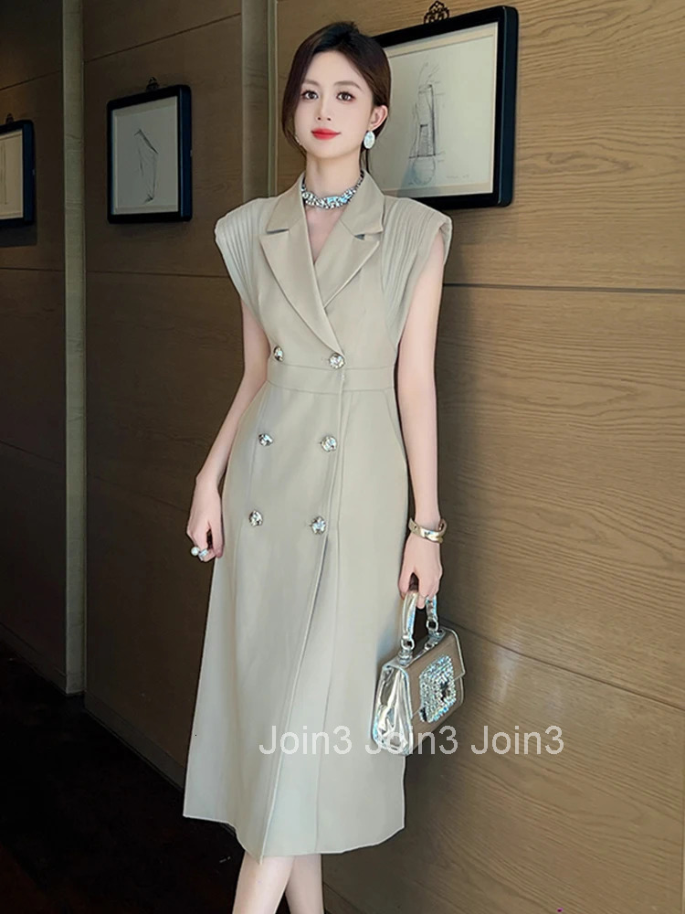 Summer Business Elegant Office Formal Occasion Dress Women Clothes Commute Classic Sleeveless Double Breasted Slim Midi Vestidos