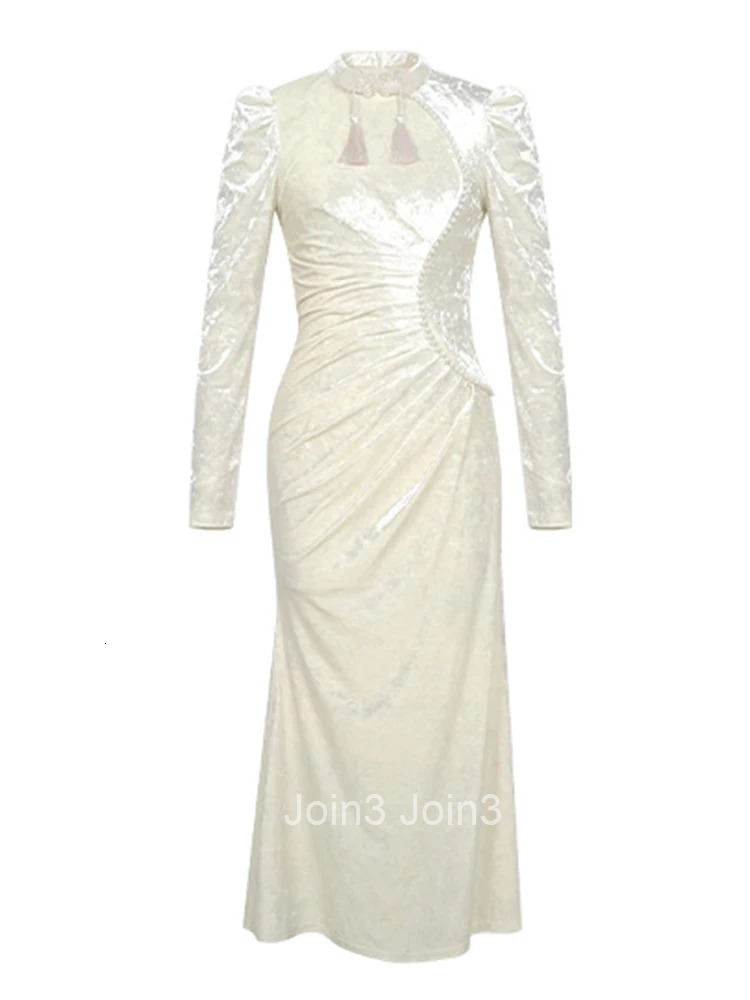 Women Clothes Retro Velvet Pearl Stand Neck Skinny Folds Midi Fishtail Dress Elegant Party Vestido Robe Autumn Winter Casual New