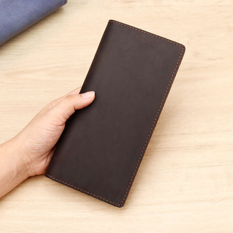 Men's Grain Leather Long Card Holder Multi-Card Slot Crazy Horse Cowhide Multi-Compartment Wallet
