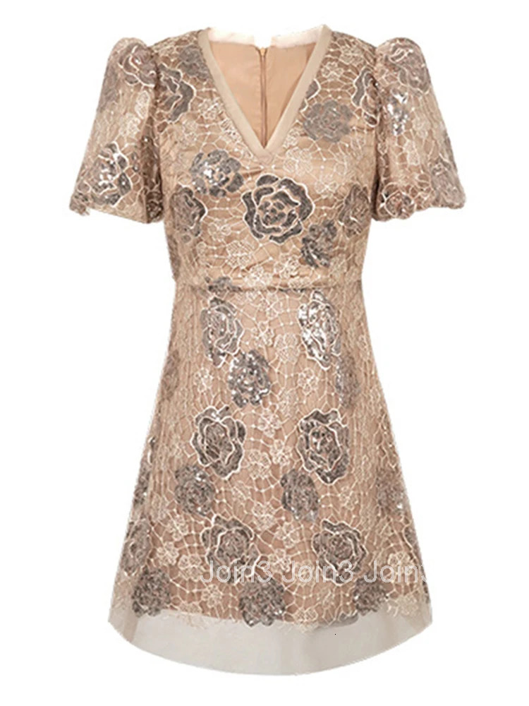 New Summer Fashion Casual Lace Sparkly Sequin Evening Dress Women Clothes Sweet Retro Puff Sleeve Slim Mini Short Party Vestidos