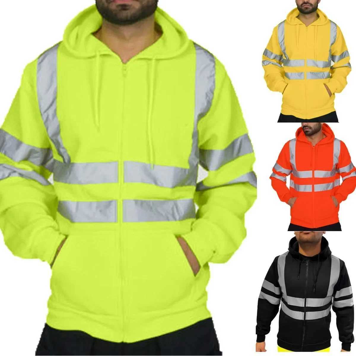 Men Reflective Strip Hoodies Casual Fit Work Safety Jackets Autumn Thin Fleece Hooded Zipper Sweatshirt Coats Workwear For Men W250623