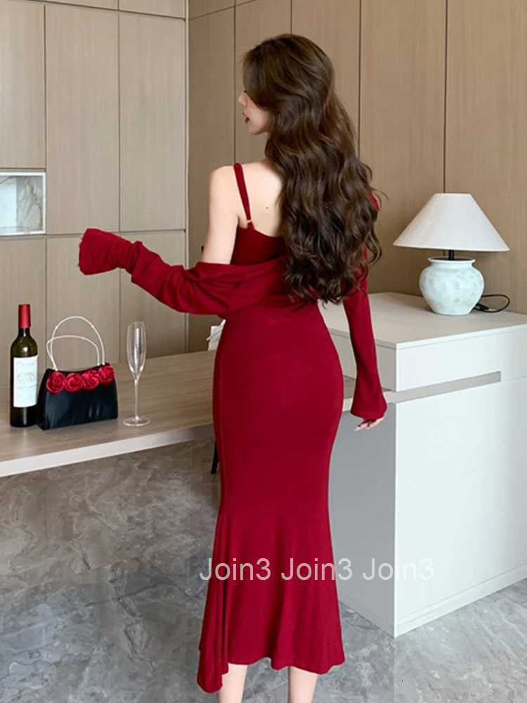 New Spring Autumn Ladies Solid 2 Piece Outfit Women Short Cardigan Tops Coat And Strap Skinny Robe Midi Dress Set Street Clothes