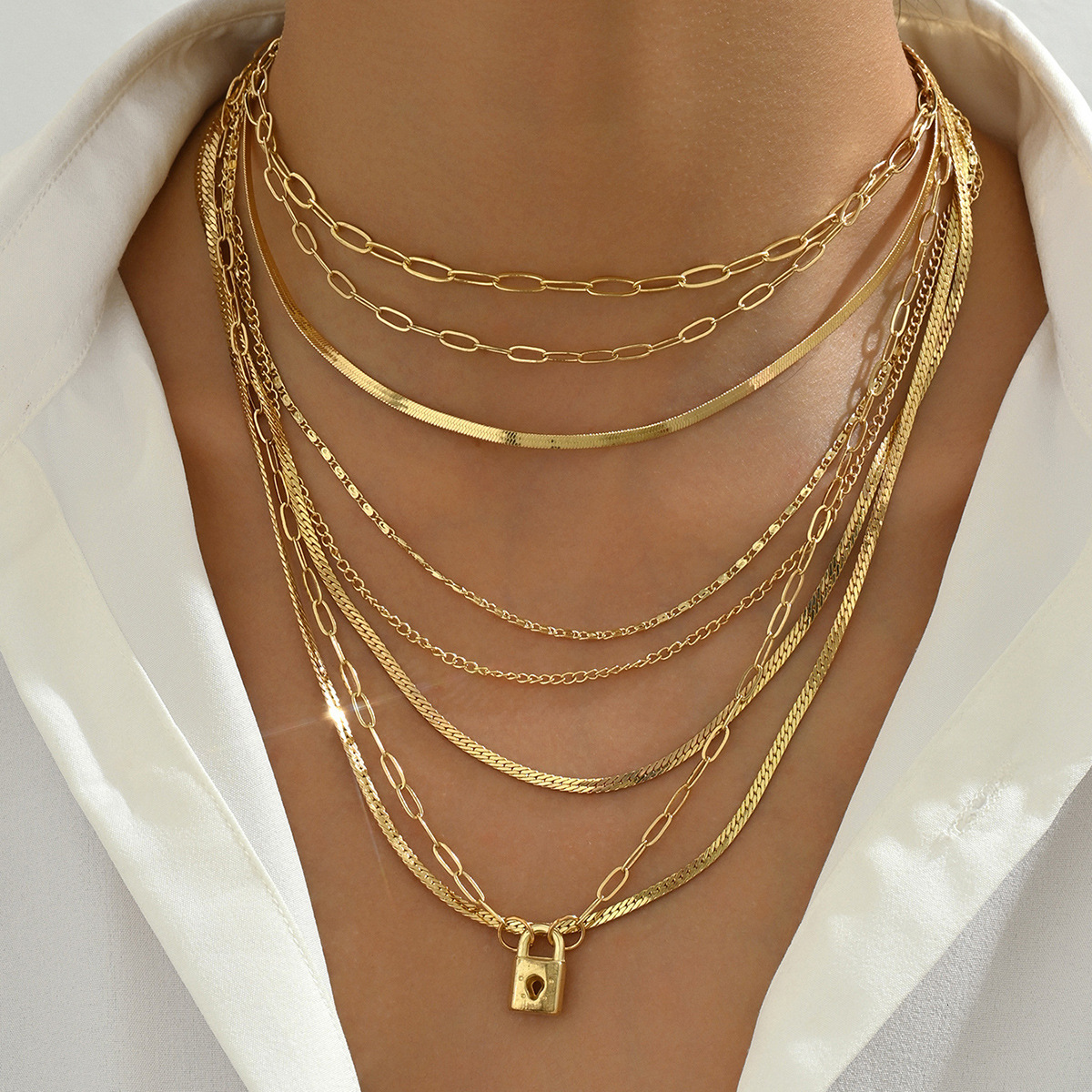 Minimalist Style Multi-layer Necklace for Women Fashion Lock Design Long Hip-hop Clavicle Chain