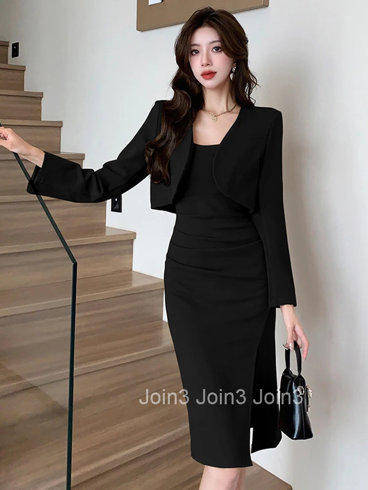 New Spring Autumn 2 Pieces Outfit Suits Women Ladies Clothes Elegant Short Jacket Coat Blazer And Strap Slim Midi Robe Dress Set