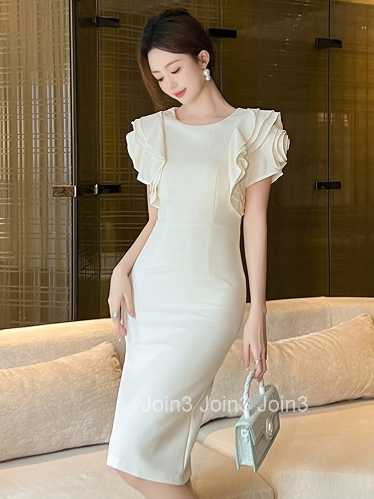 New Black Elegant Formal Occasion Pencil Dress Women Elegant Office O-Neck Ruffle Sleeve Slim Party Prom Vestidos Street Clothes