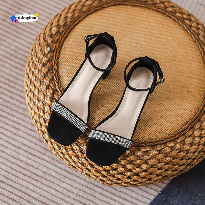 288-88 High Heels for Women Summer New Versatile with Skirt Black Rhinestone One Strap French Style Sandals Mid Chunky Heel ddmythur