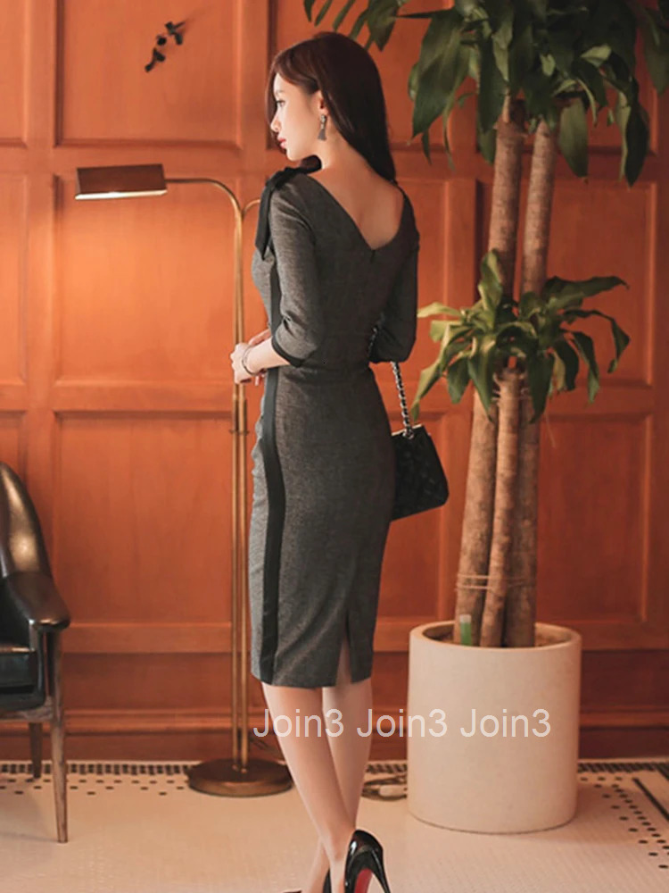 Fashion Korean Elegant Office Women Dress Temperament Retro Hollow O-Neck Folds Slim Midi Party Commute Lady Femme Mujer Vestido