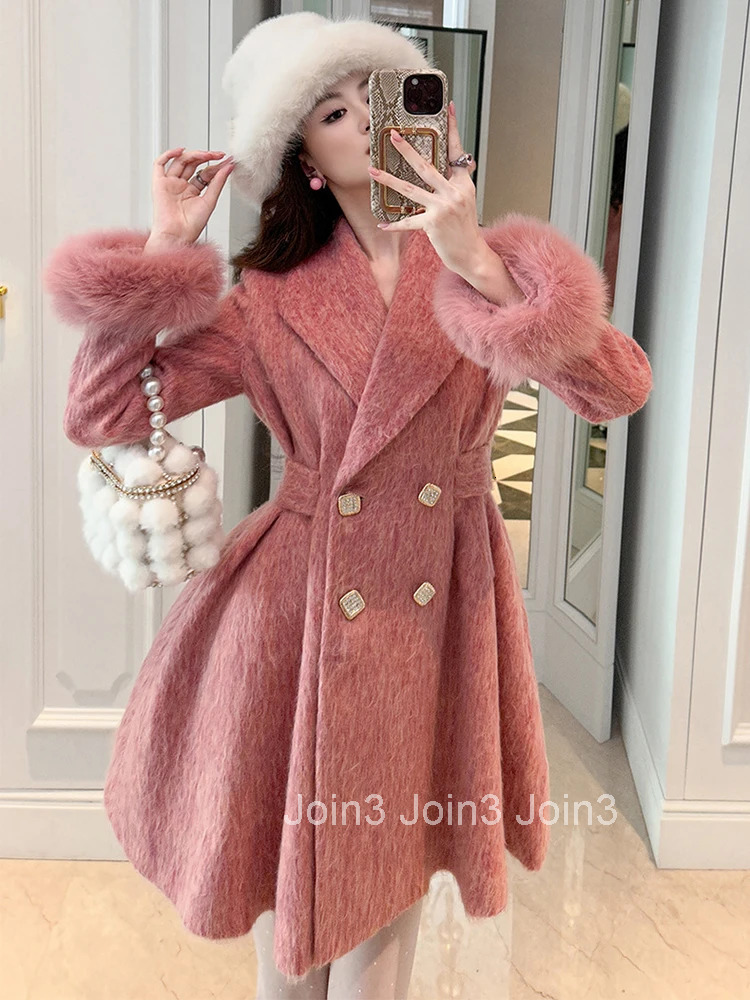 Women Clothes Sweet Pink Wool Double-Breasted Jacket Elegant Hairy Long Sleeve Slim A-Line Coat Outerwear Autumn Winter Casual