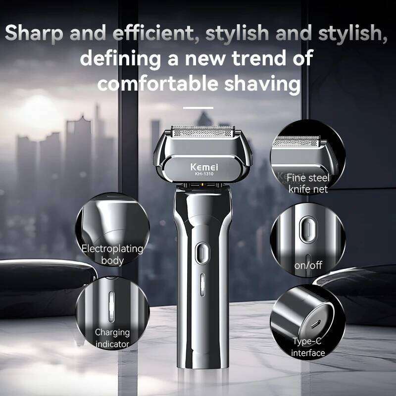 Kemei Km-1310 Rechargeable Men's Cordless Shaver, Reciprocating Independent 4-Blade System, Sharp & Efficient, Deep Shaving