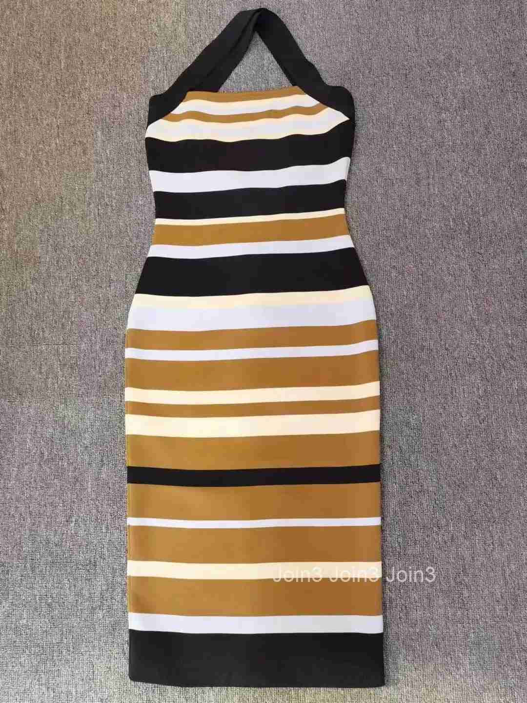 Womens Clothing Fashion Bandage Dress Colorful Striped Casual Neck-mounted Vestidos Sleeveless Backless Vacation Wear Summer
