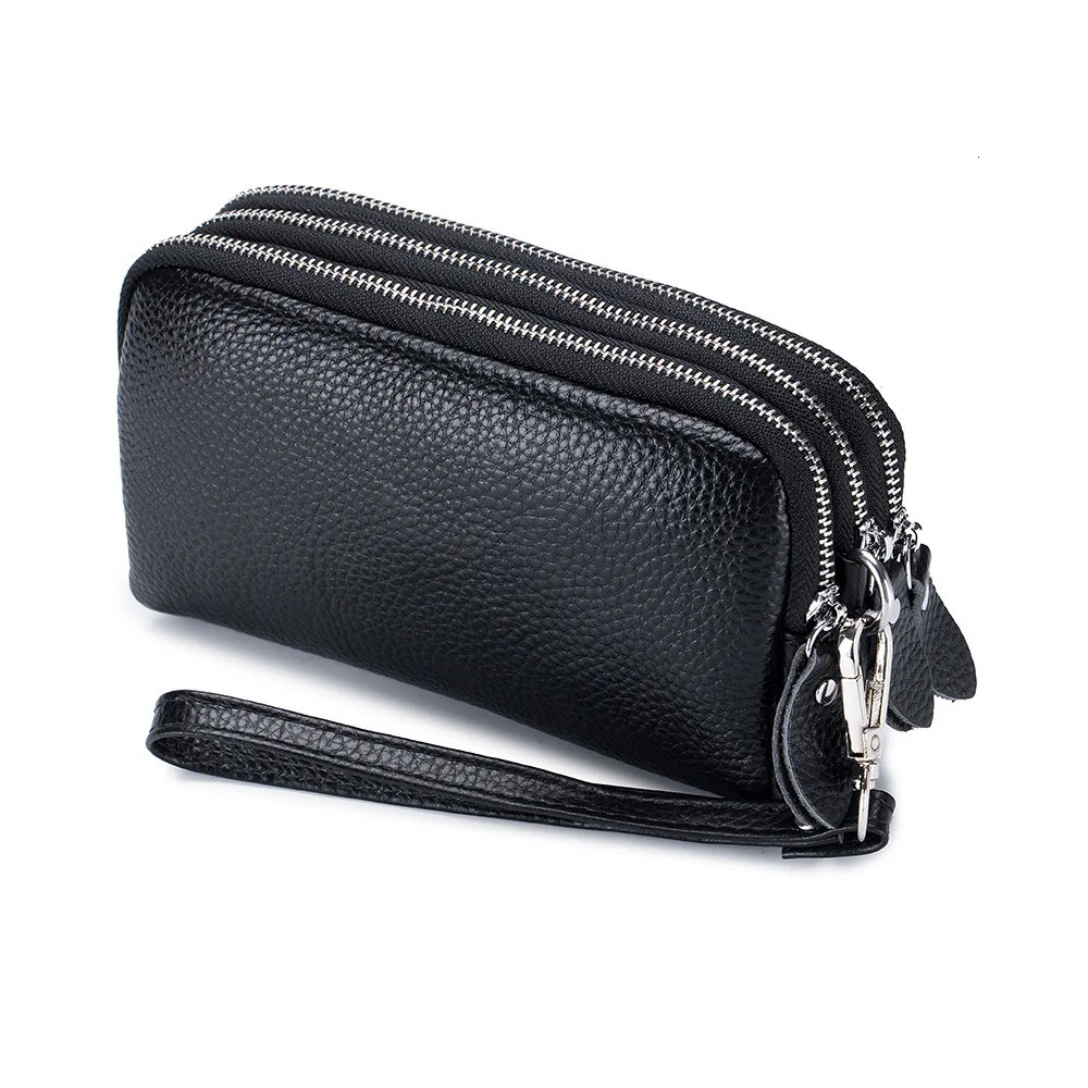Genuine Leather Women Long Wallet 3-Layer Zipper Clutch Purse Bag Large Capacity Wristlet Wallet Phone Bag Money Pocket 250617