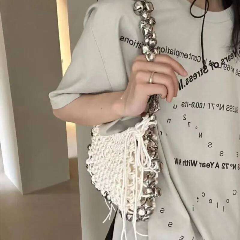 Women Bell Bucket Handba Hand Woven Net Evening Wedding Party Clutch Purse Crossbody Bag