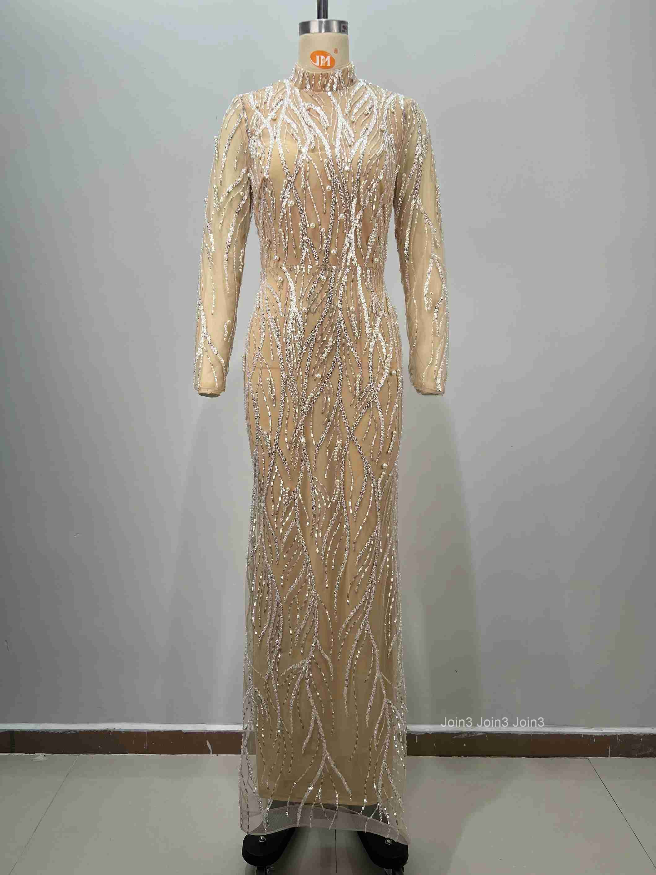 Womens Apricot Bandage Long Sleeve High Neck Gown Sheer Lace Applique with Crystal Sequin Beads for Formal Evening Red Carpe