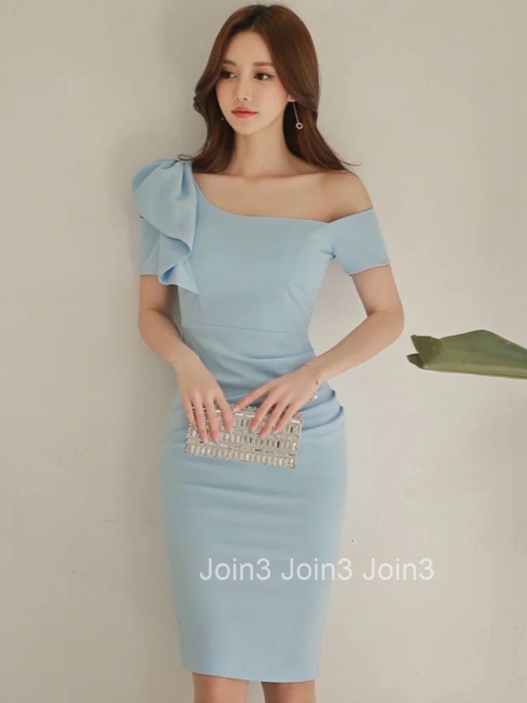 New 2023 Korean Fashion Summer Women Evening Dress Chic Sexy Diagonal Collar Hollow Slim Midi Pencil Party Prom Mujer Vestidos